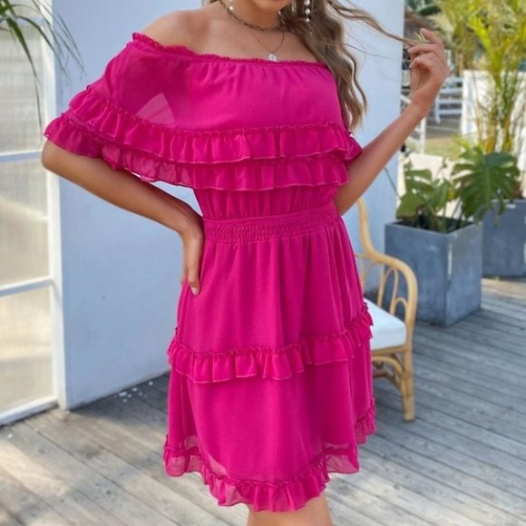 Off shoulder Ruffle Hem Mini Dress hot pink - Picture 6 of 8